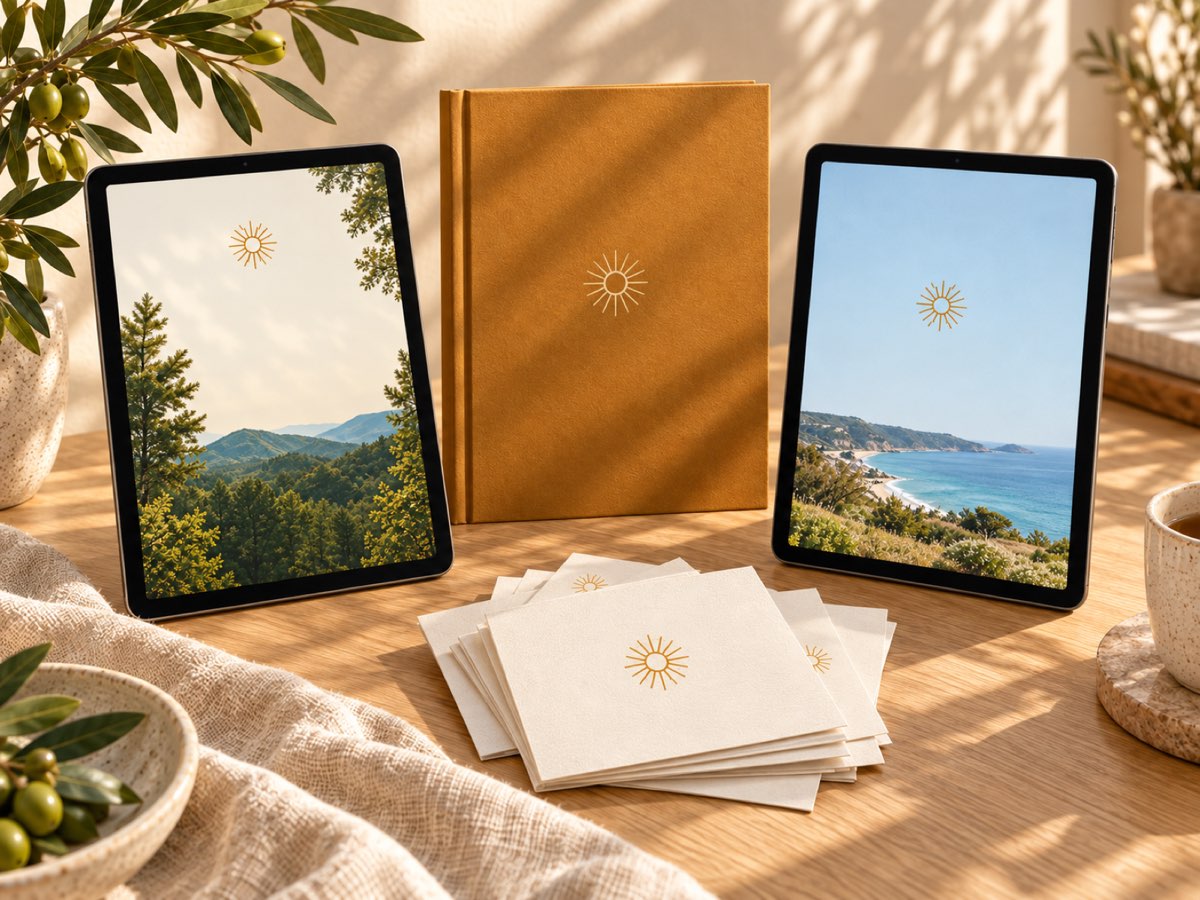 Two tablets showing forest and coastal scenes, an ochre book and a stack of cream cards with sun marks on a sunlit table