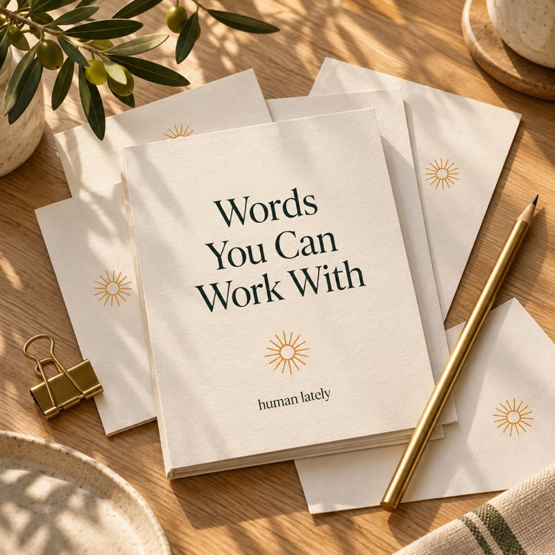 A cream booklet titled Words You Can Work With on a stack of cards with small sun marks, beside a gold pencil